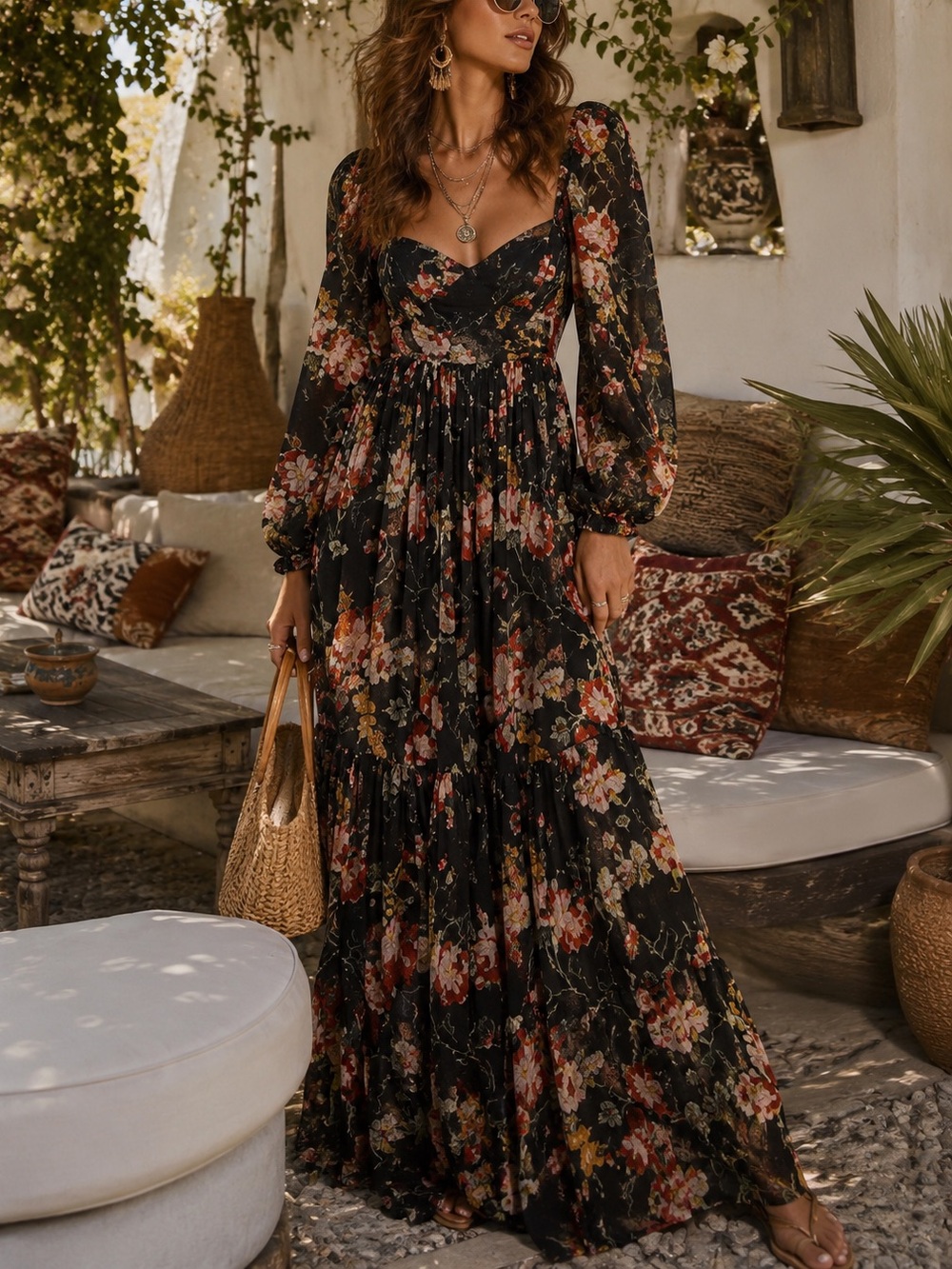 ByTiMo Womens Maxi Wrap Dress Floral Chiffon Ruffle Long Sleeve Medium